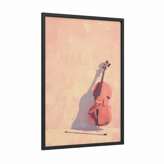 Crimson Cello framed art print — black wood frame — peach and rose gold palette
