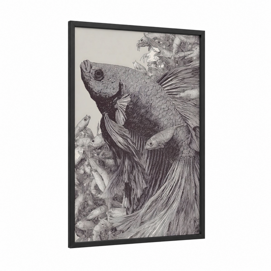 Siamese Fighter Study framed betta fish print — black wood frame — black and white palette