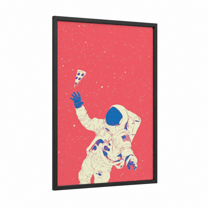 Cosmic Pizza Astronaut framed art print — black wood frame — salmon pink and royal blue palette