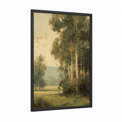 Eucalyptus Morning framed eucalyptus forest print — black wood frame — cream and light green palette