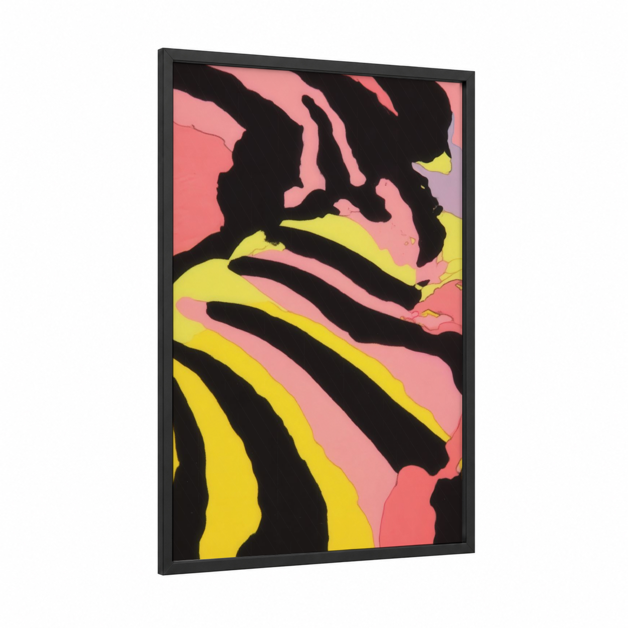 Striped Minimalist Zebra framed art print — black wood frame — black and yellow and salmon pink palette