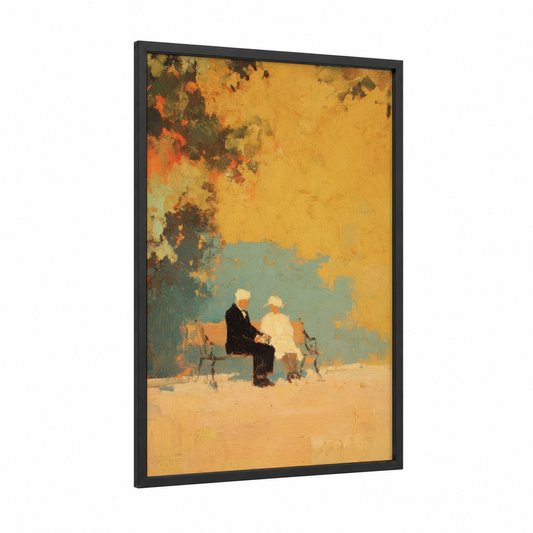Vintage Bench Couple framed art print — black wood frame — yellow gold and teal palette