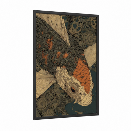 Mechanical Koi framed koi fish print — black wood frame — black and orange palette