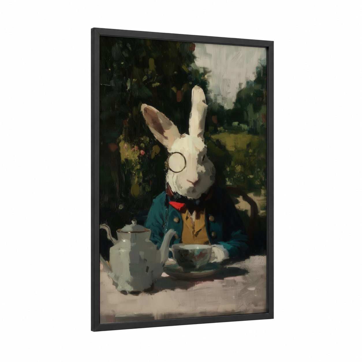 Garden Tea Rabbit framed art print — black wood frame — dark green and cream palette