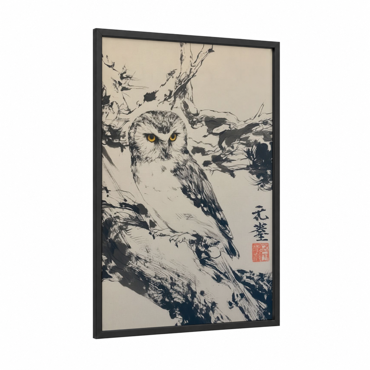 Golden-Eyed Owl framed art print — black wood frame — black and white palette