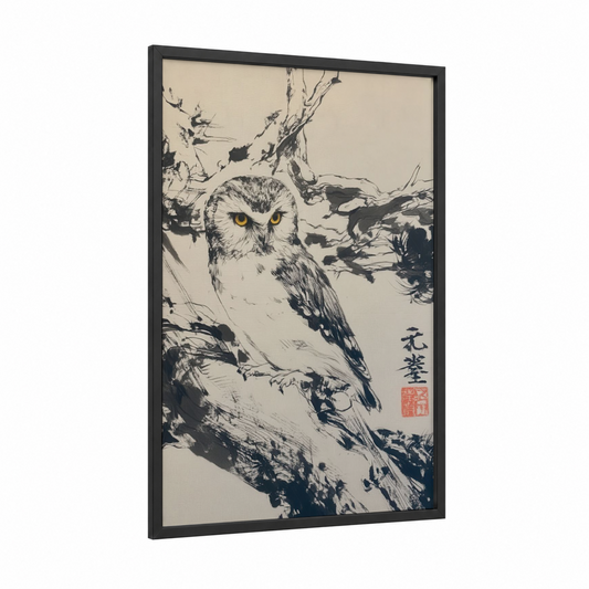 Golden-Eyed Owl framed art print — black wood frame — black and white palette
