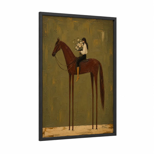 Equestrian Elegance Surreal Horse Wall Art framed art print — black wood frame — brown and olive palette