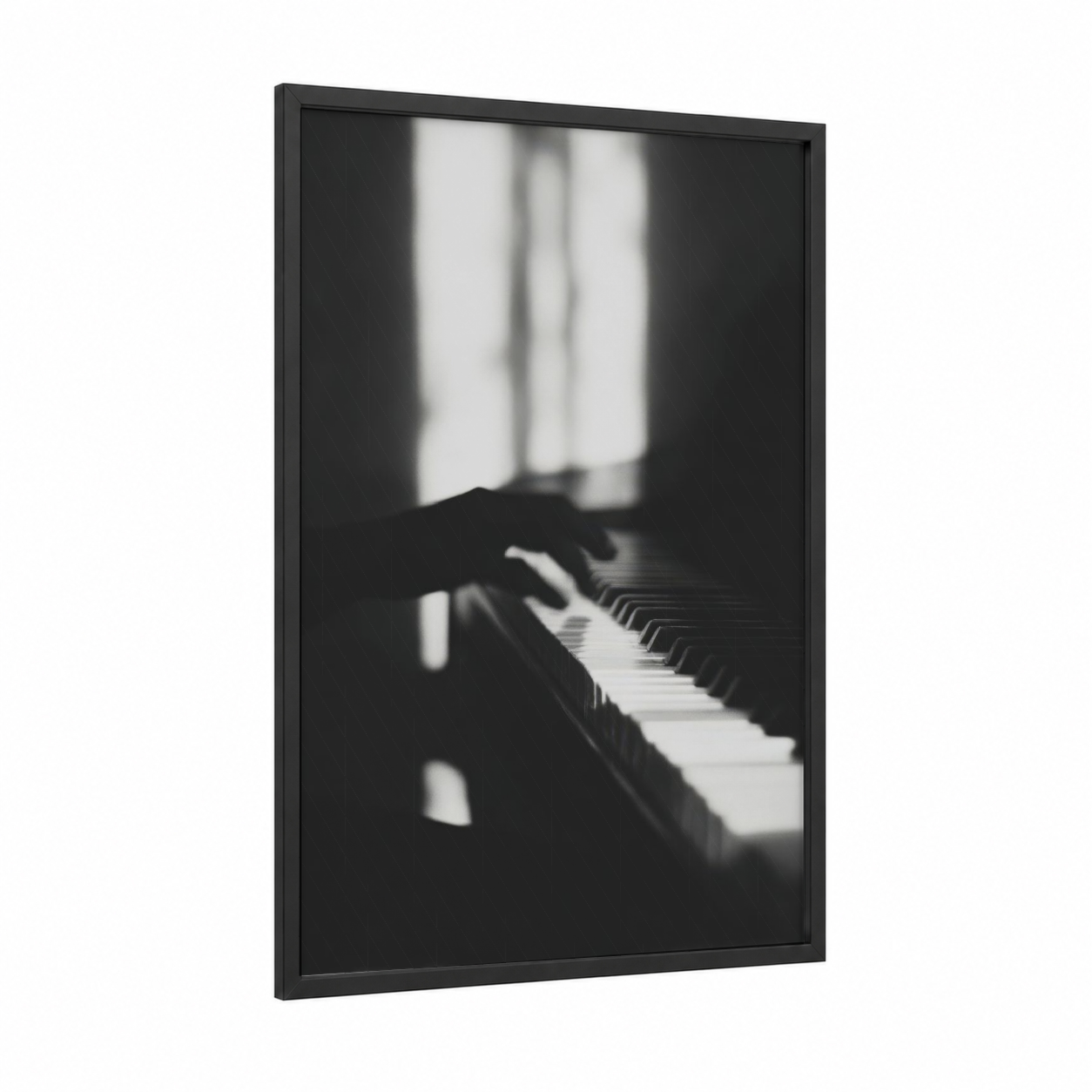 Window Pianist framed classical print — black wood frame — black and white and gray palette