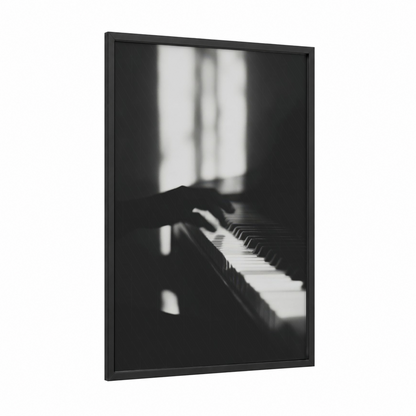 Window Pianist framed classical print — black wood frame — black and white and gray palette