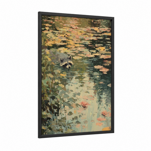 Lily Pad Raccoon framed art print — black wood frame — green and peach palette