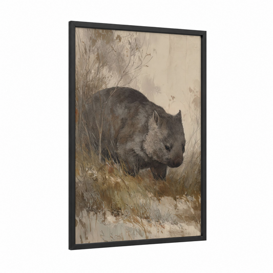 Grassy Wombat framed art print — black wood frame — beige and brown palette