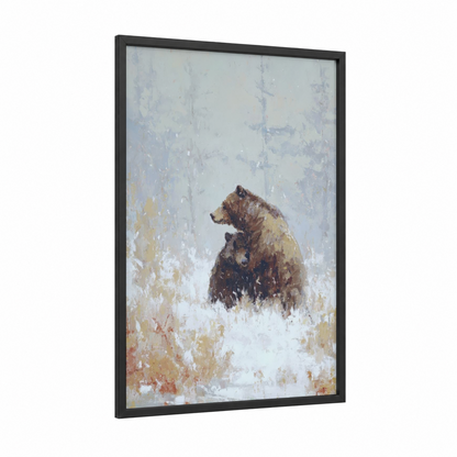Snowy Grizzly framed grizzly bear print — black wood frame — gray and white and brown palette