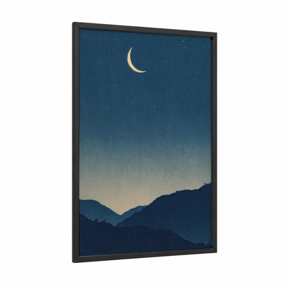 Crescent Night Sky framed space print — black wood frame — dark blue and cream palette