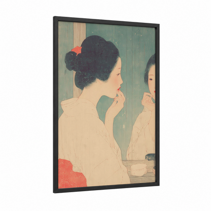 Mirror Reflection Beauty framed make up print — black wood frame — sage green and cream palette
