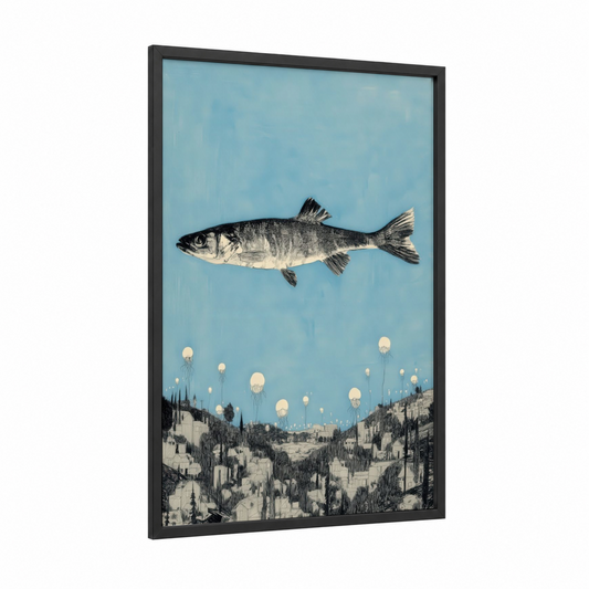 Surreal Zebrafish framed art print — black wood frame — blue and black and white palette
