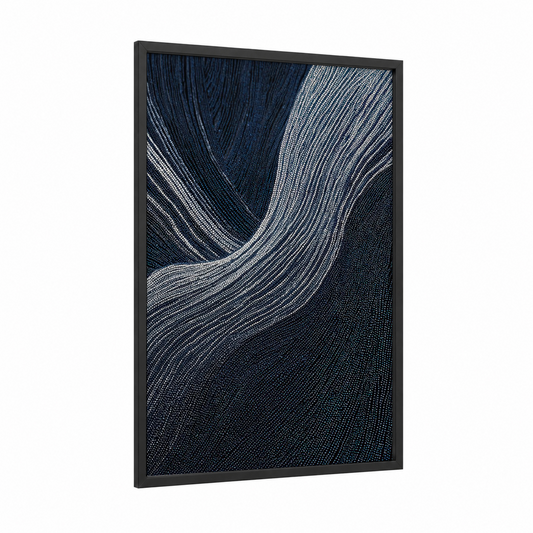 Flowing Beadwork framed art print — black wood frame — dark blue and gray and white palette