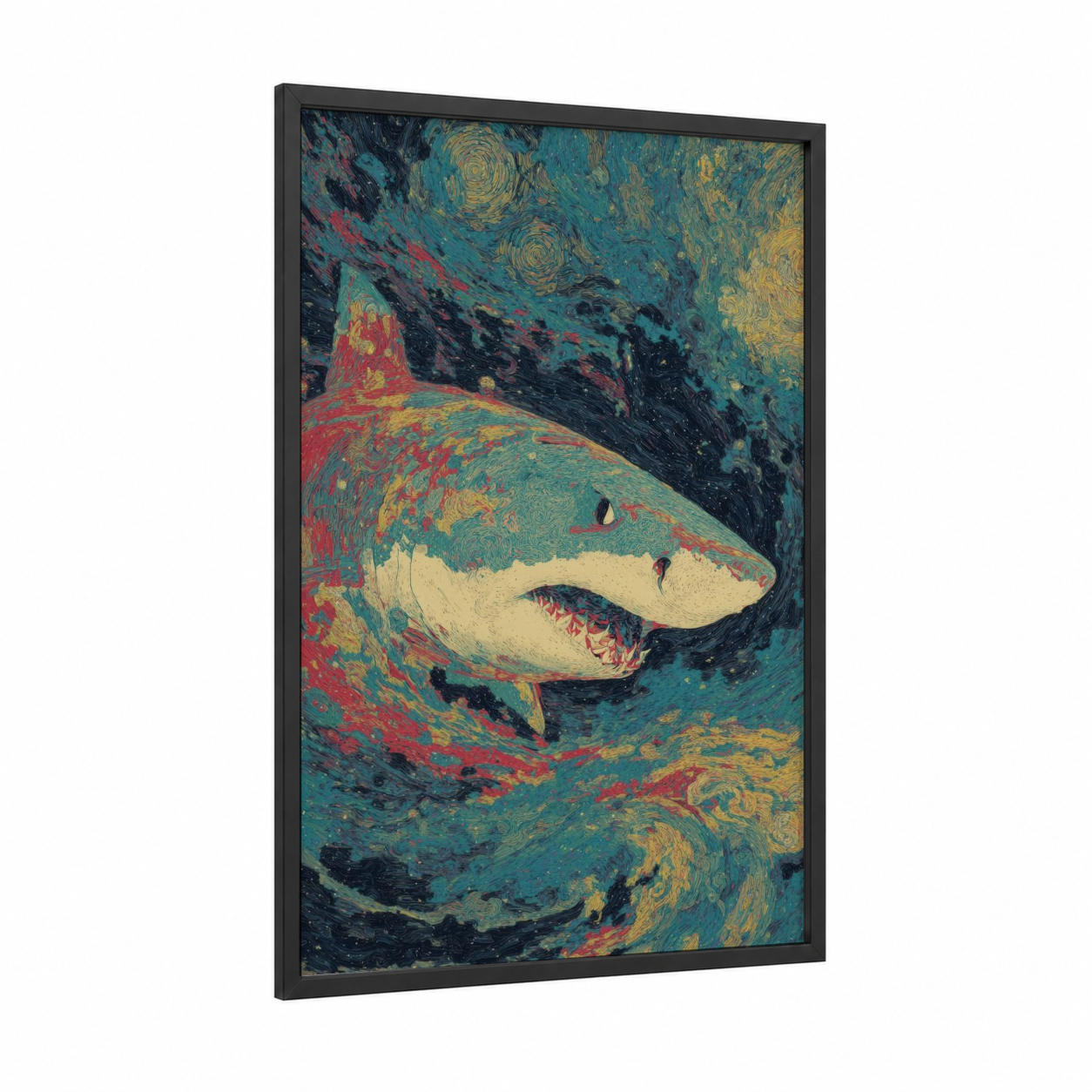 Crimson Bull Shark framed art print — black wood frame — teal and gold palette