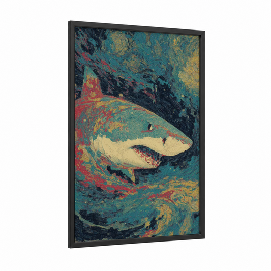 Crimson Bull Shark framed art print — black wood frame — teal and gold palette