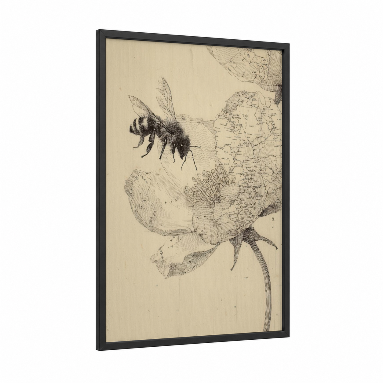 Pollinator Earth Day framed art print — black wood frame — black and white and cream palette