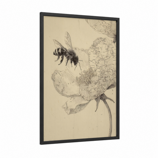 Pollinator Earth Day framed art print — black wood frame — black and white and cream palette