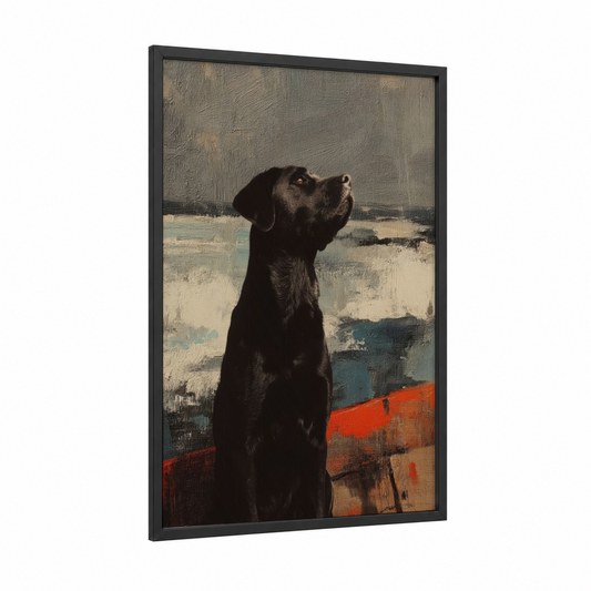 Contemplative Retriever framed art print — black wood frame — black and white and dove gray palette