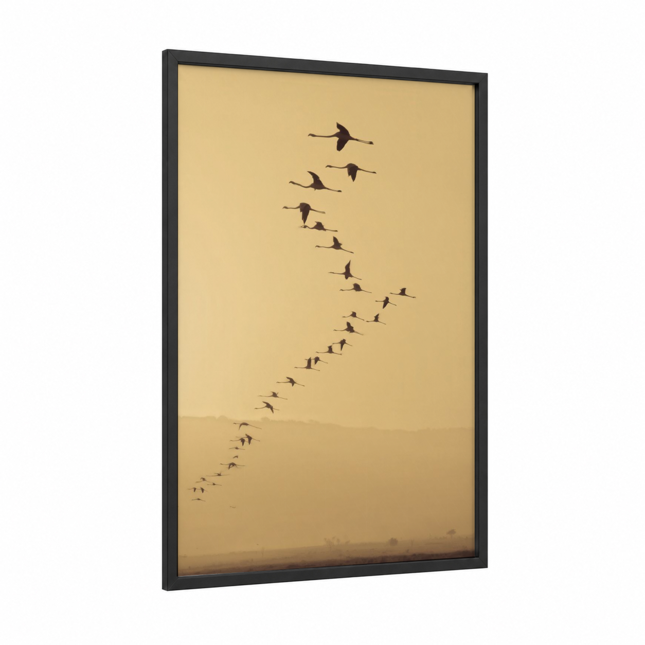 Migration Flamingos framed art print — black wood frame — gold and brown palette