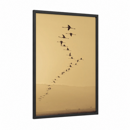 Migration Flamingos framed art print — black wood frame — gold and brown palette