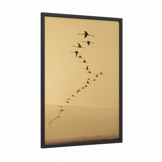 Migration Flamingos framed art print — black wood frame — gold and brown palette