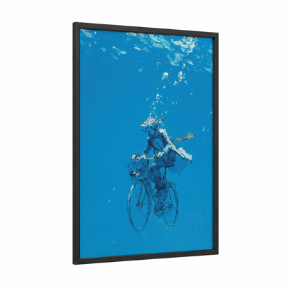 Underwater Wahoo framed art print — black wood frame — blue and white palette