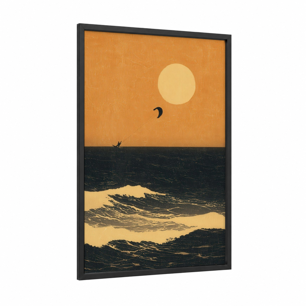 Golden Hour Kite framed kite surfing print — black wood frame — orange and black and gold palette