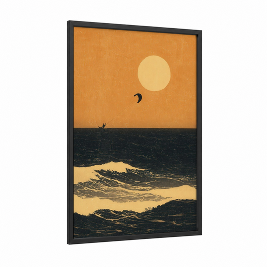Golden Hour Kite framed kite surfing print — black wood frame — orange and black and gold palette