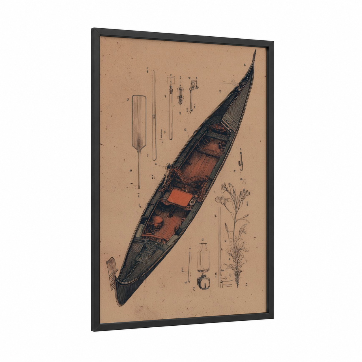 Venetian Gondola Blueprint framed art print — black wood frame — beige and brown palette