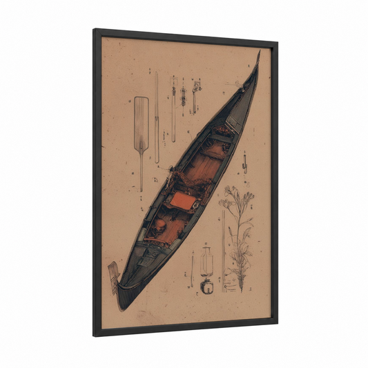 Venetian Gondola Blueprint framed art print — black wood frame — beige and brown palette