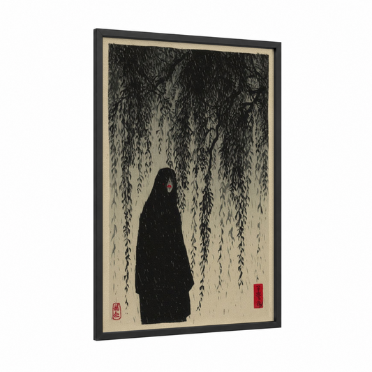 Weeping Vampire framed art print — black wood frame — black and white and red palette