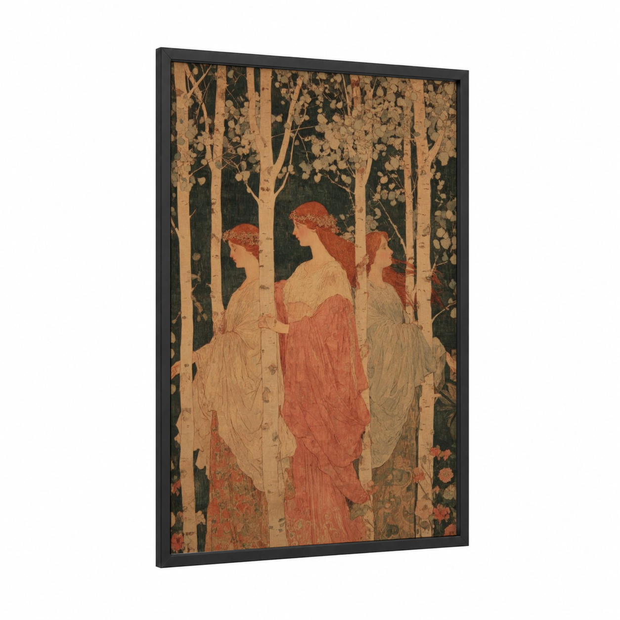 Forest Priestesses framed wiccan print — black wood frame — cream and russet palette