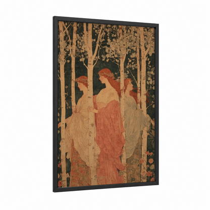 Forest Priestesses framed wiccan print — black wood frame — cream and russet palette