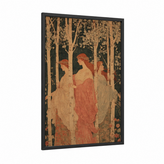 Forest Priestesses framed wiccan print — black wood frame — cream and russet palette