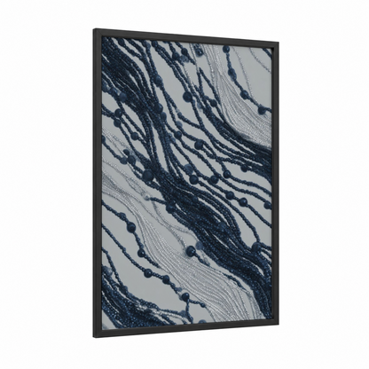 Indigo Beadwork framed art print — black wood frame — white palette