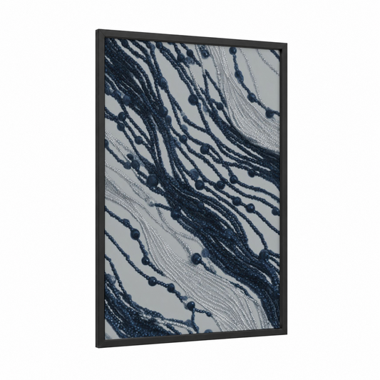 Indigo Beadwork framed art print — black wood frame — white palette