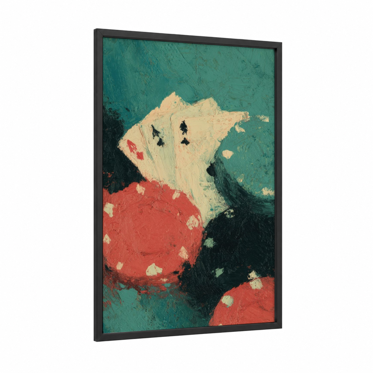 Poker Face framed card game print — black wood frame — teal and red palette