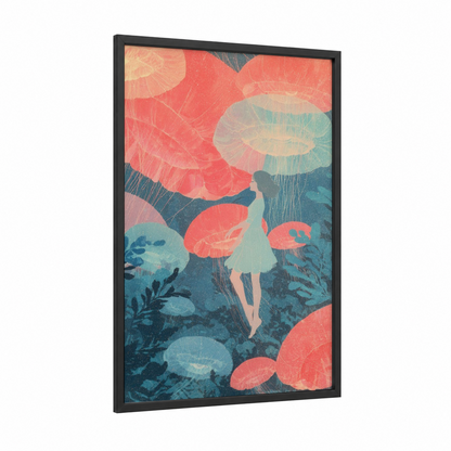 Jellyfish Wonder framed art for girl print — black wood frame — salmon pink and teal palette