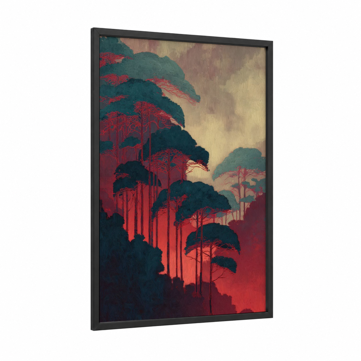 Crimson Cedar Forest framed art print — black wood frame — red and dark green palette