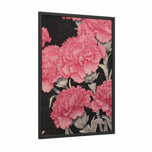 Blushing Carnations framed art print — black wood frame — black and pink and gold palette