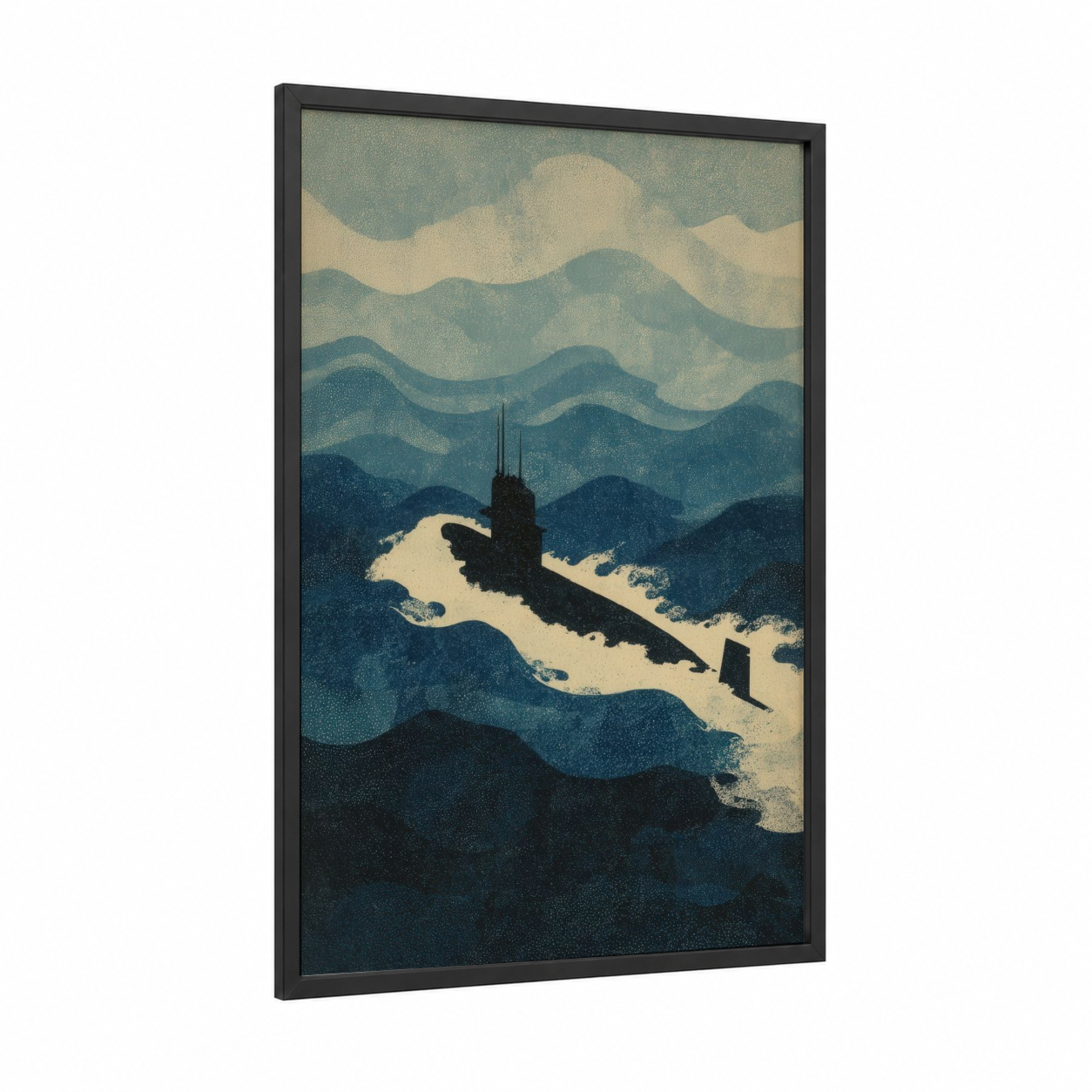 Deep Ocean Submarine framed art print — black wood frame — dark blue and cream palette