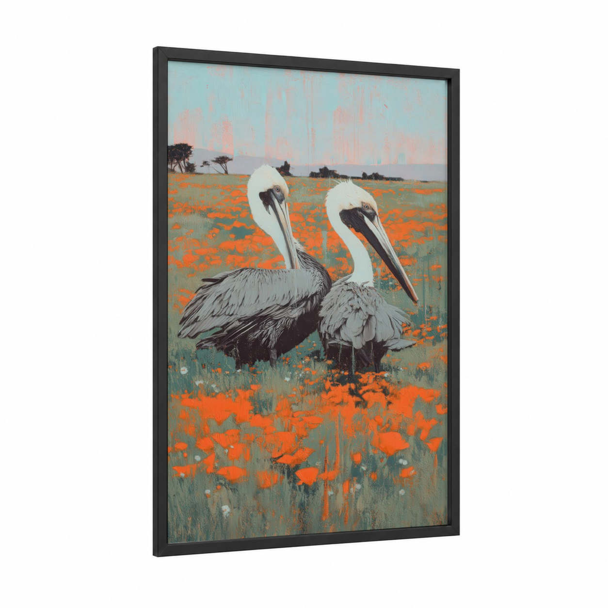 Pelican Pair Sunset framed art print — black wood frame — orange and light green palette