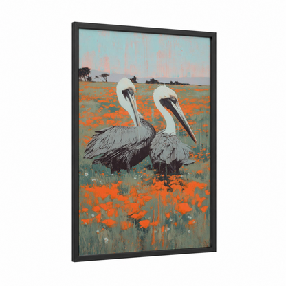 Pelican Pair Sunset framed art print — black wood frame — orange and light green palette