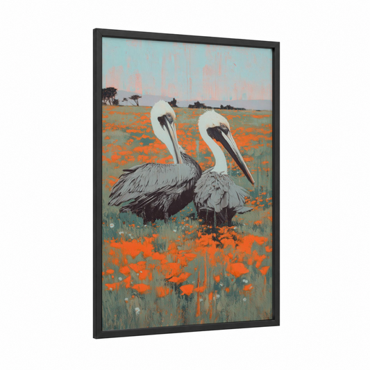 Pelican Pair Sunset framed art print — black wood frame — orange and light green palette