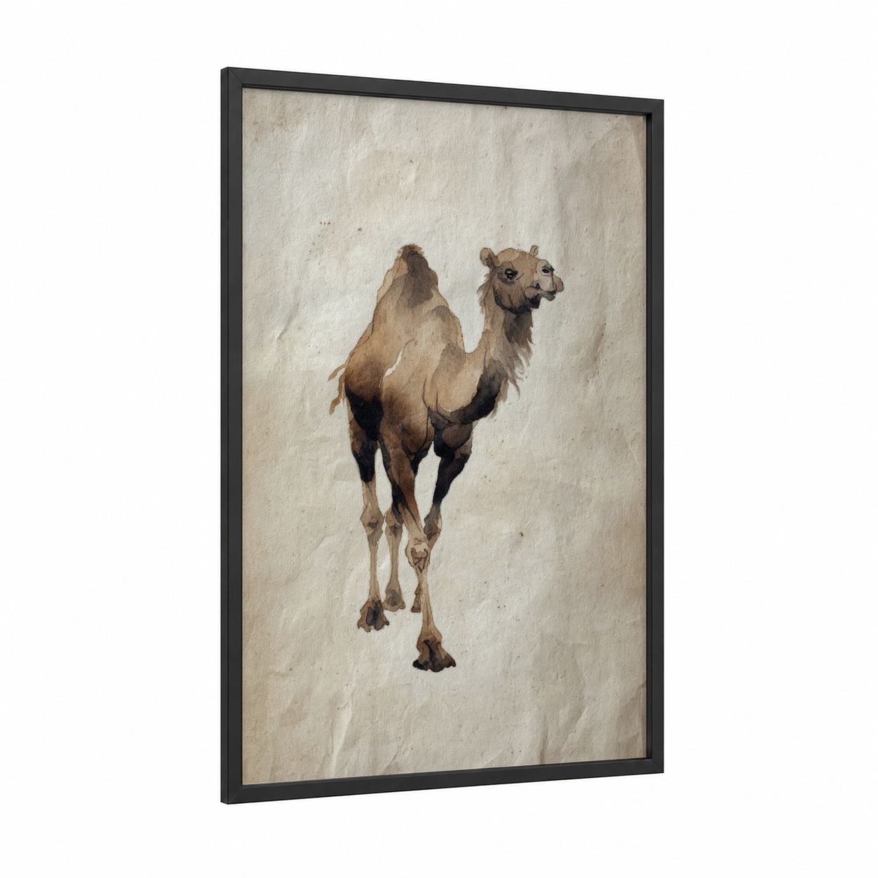 Desert Camel Portrait framed art print — black wood frame — beige and brown palette