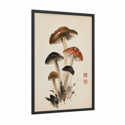Japanese Mushroom Botanical Wall Art framed floral and botanical print — black wood frame — brown and beige palette