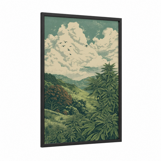 Mountain Cannabis Valley framed art print — black wood frame — teal and cream palette